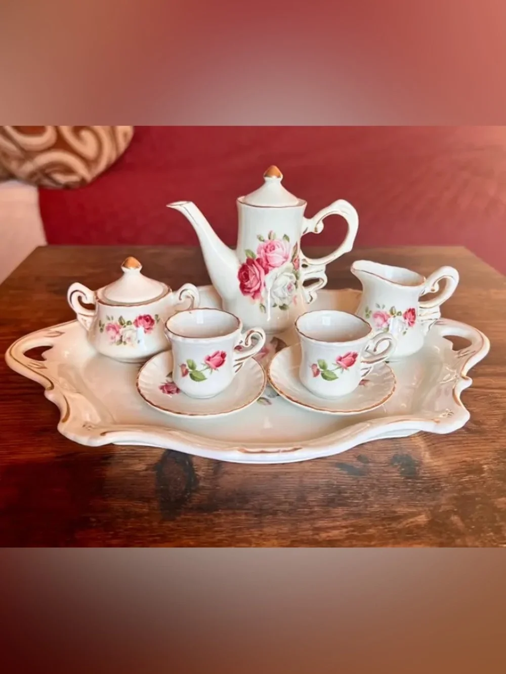 READ! Vintage Fine Porcelain Victorian-Revival Moss Rose Miniature Tea Set